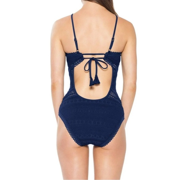 Becca by Rebecca Virture Women's Illusion HIgh Neck Swimsuit Navy Blue Sz M - Picture 4 of 9